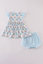 Load image into Gallery viewer, Blue hydrangea bow print ruffle bloomer set
