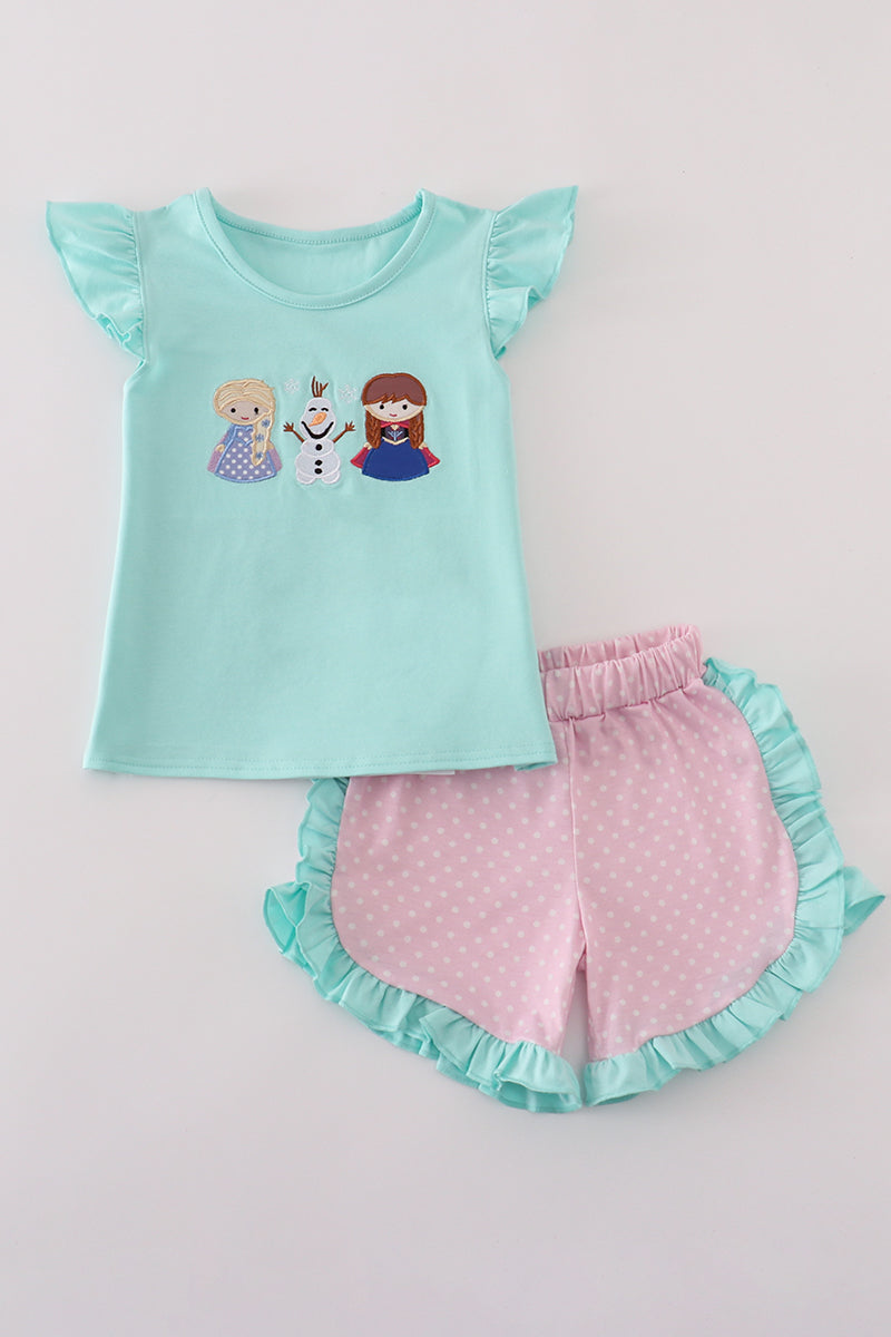 Blue character applique shorts set