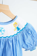 Load image into Gallery viewer, Blue snow princess hand smocked gingham girl romper
