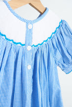 Load image into Gallery viewer, Blue snow princess hand smocked gingham girl romper
