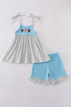 Load image into Gallery viewer, Blue farm chicken embroidery short set
